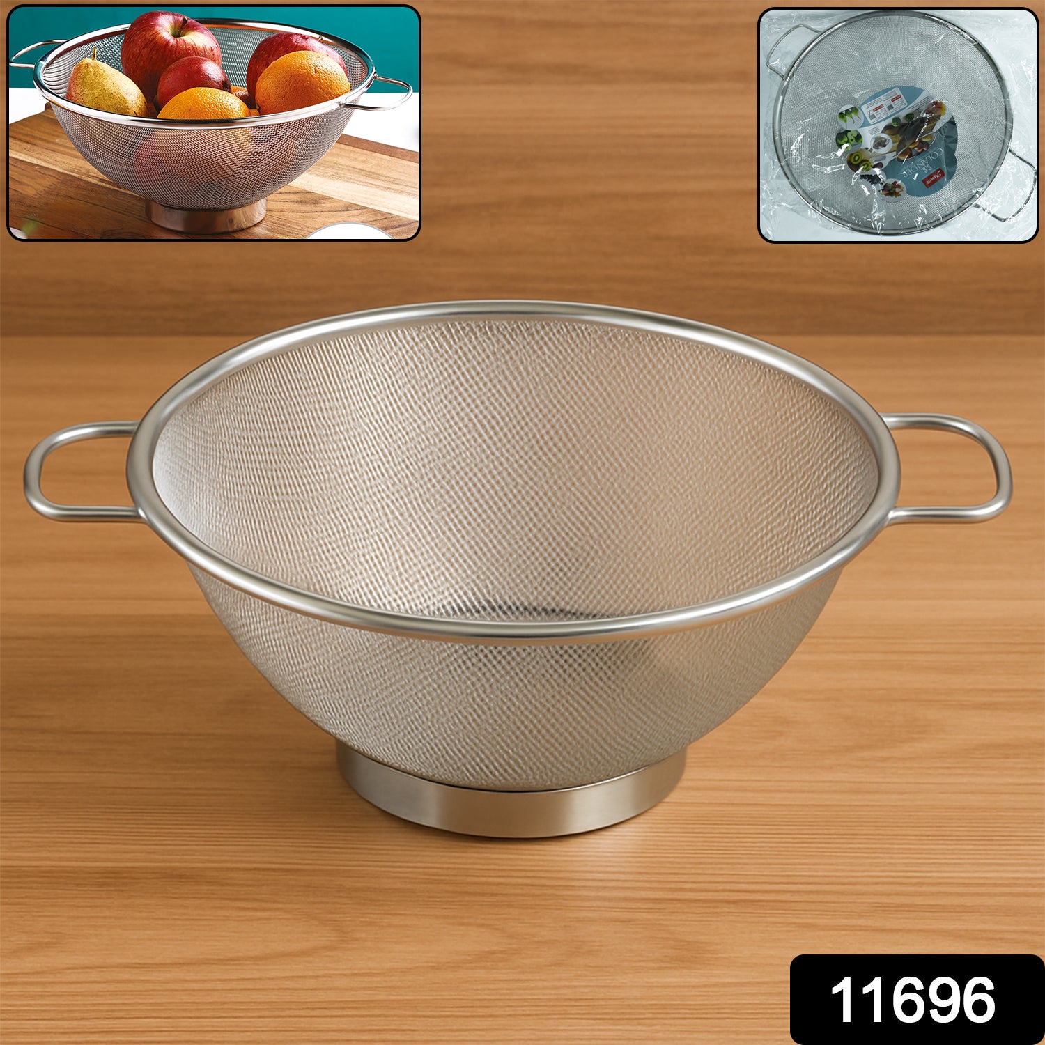 Wukusy Apex stainless steel mesh colander for draining pasta and vegetables in a home kitchen, with fine mesh and sturdy handles.