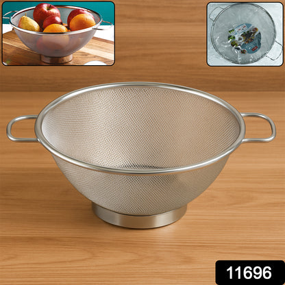 Wukusy Apex stainless steel mesh colander for draining pasta and vegetables in a home kitchen, with fine mesh and sturdy handles.