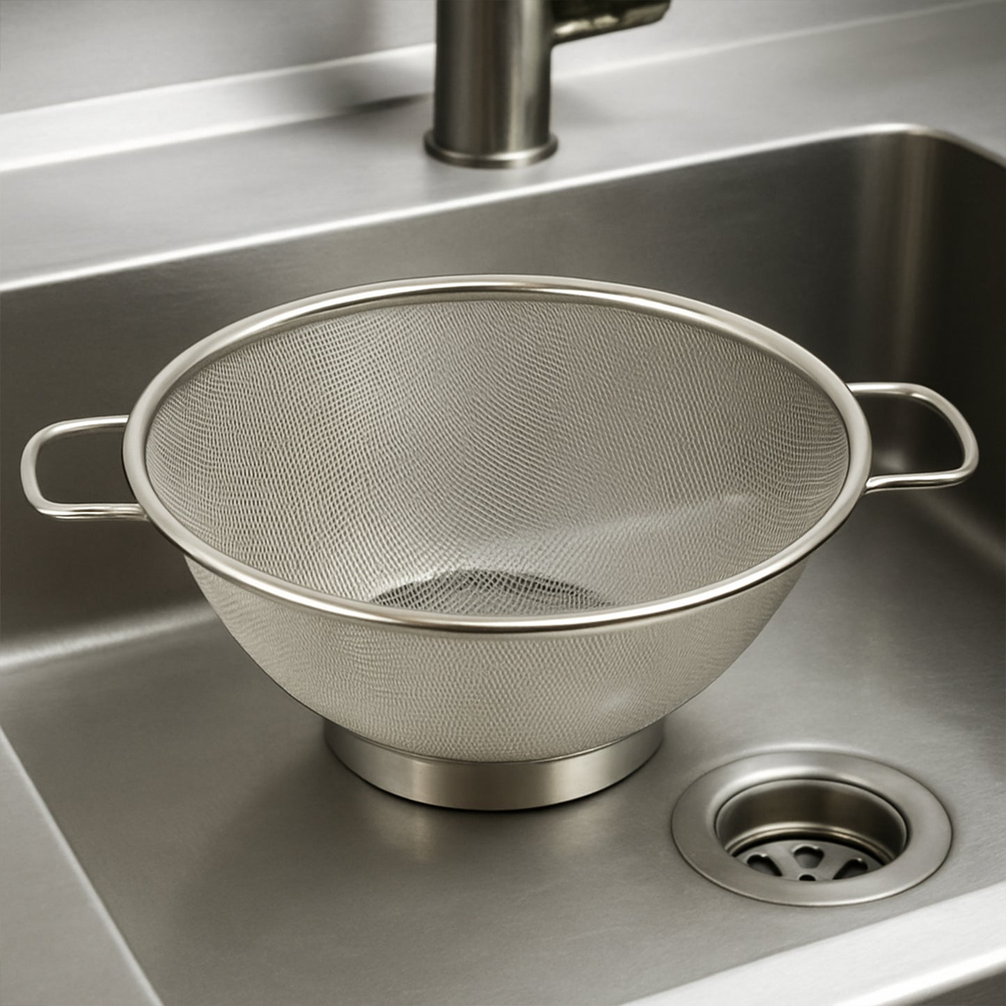 Wukusy Apex stainless steel mesh colander for draining pasta and vegetables in home and kitchen use.