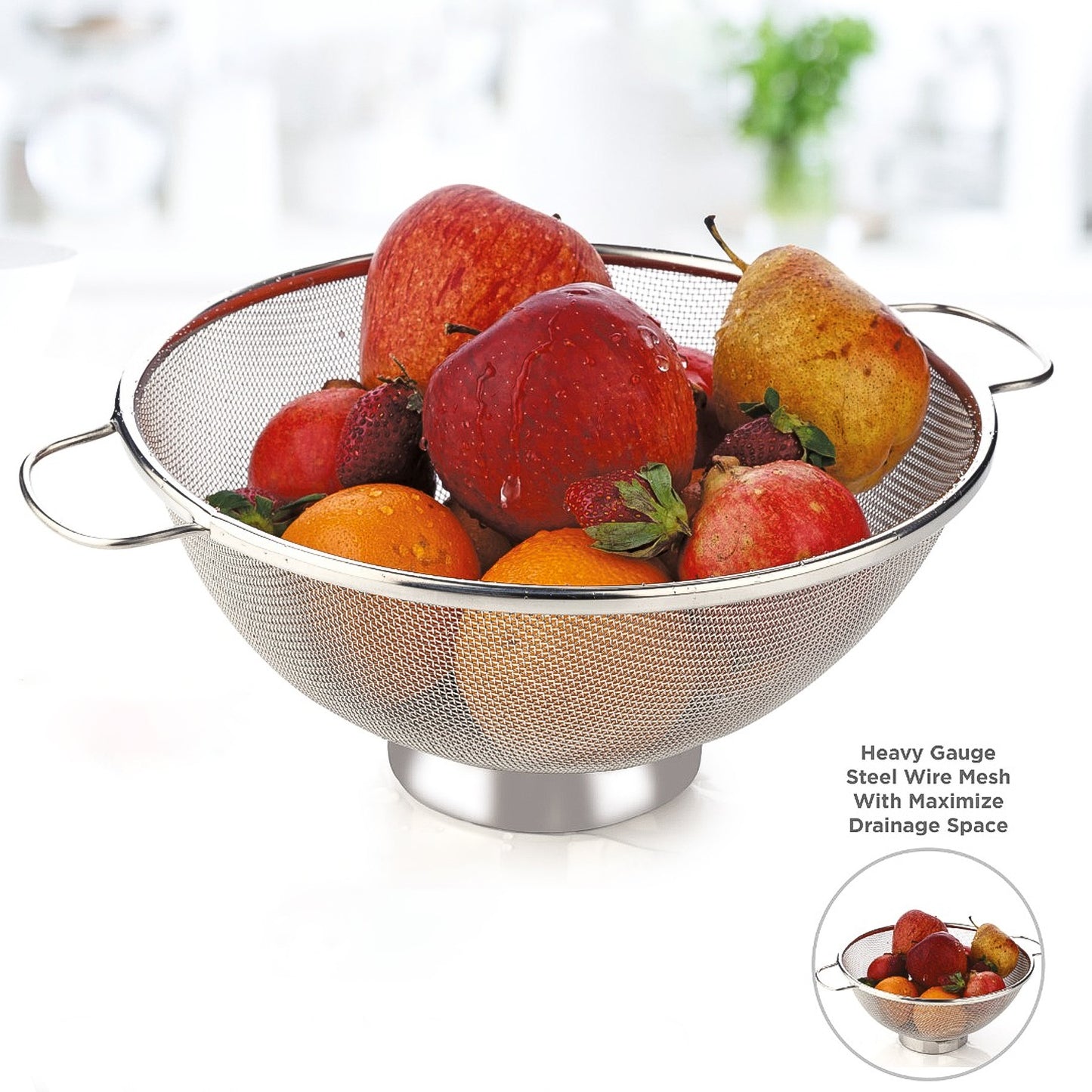 Wukusy Apex stainless steel mesh colander for draining pasta, vegetables, and fruits in a modern kitchen setting.