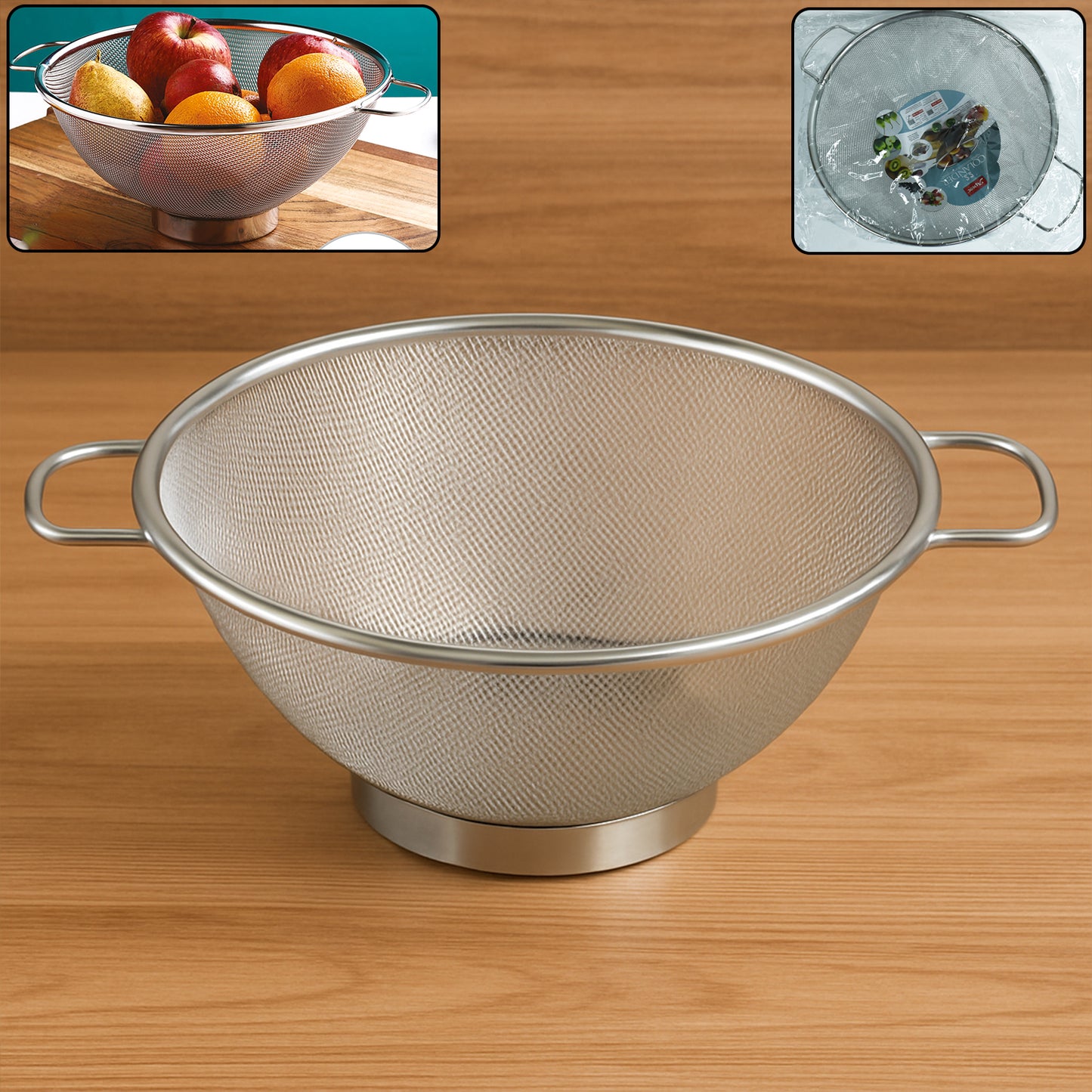 Wukusy Apex stainless steel mesh colander for draining pasta, vegetables, and fruits in a home and kitchen setting.