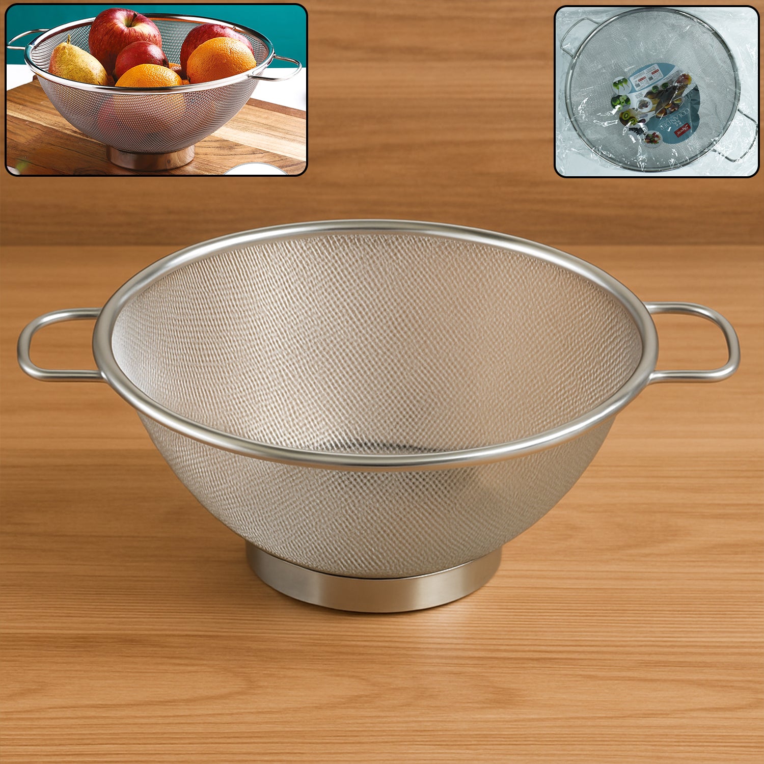 Wukusy Apex stainless steel mesh colander for draining pasta, vegetables, and fruits in a home and kitchen setting.