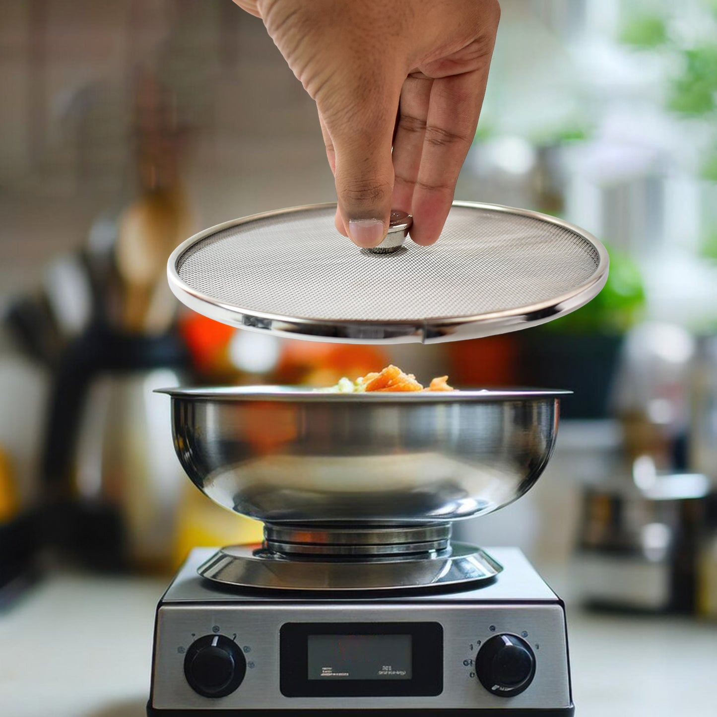 Wukusy Apex stainless steel mesh net cover for cooking, ideal for food steaming and frying, shown covering a pot in a kitchen setting.
