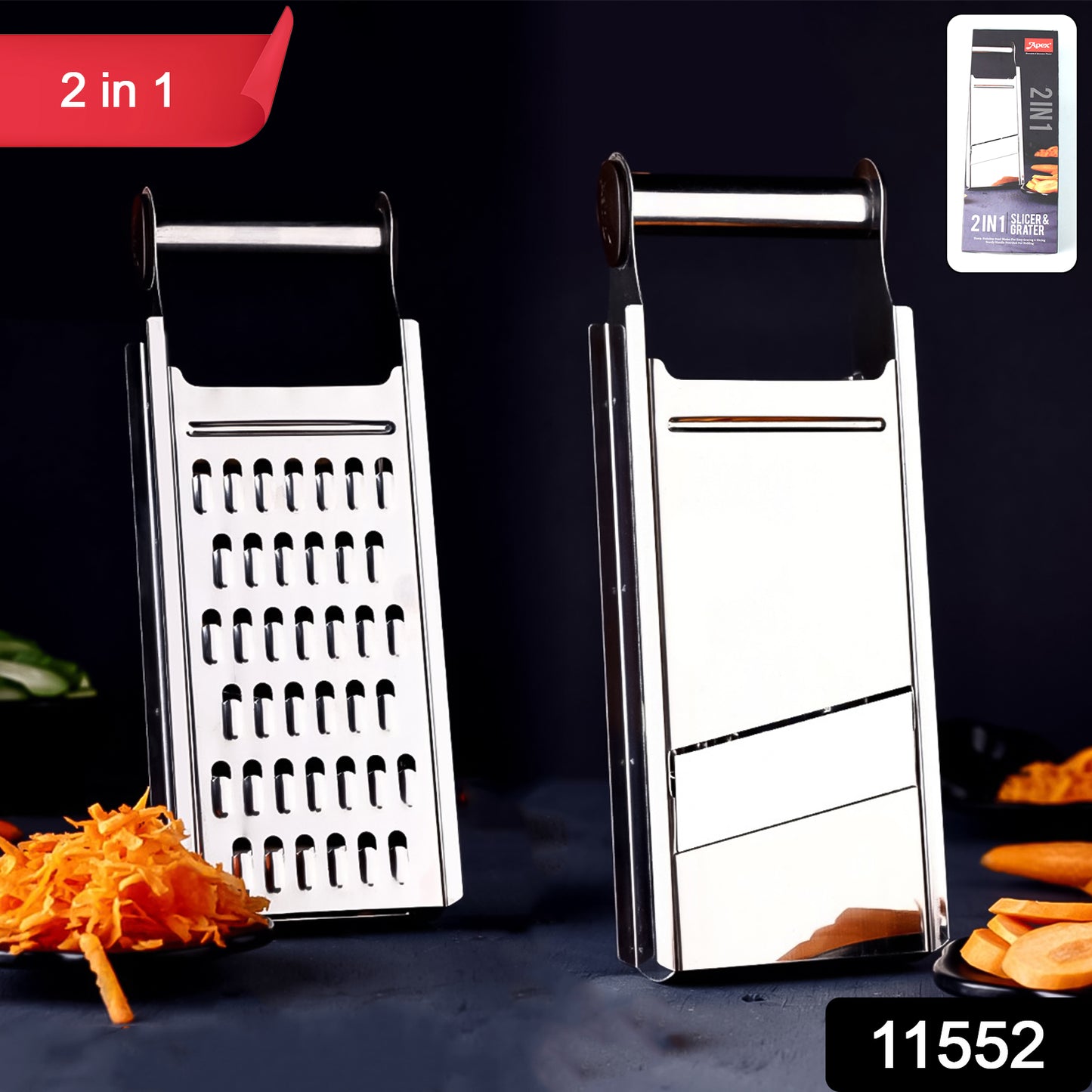 Wukusy Apex stainless steel 2-in-1 slicer for home and kitchen use, featuring sharp blades and ergonomic handle.