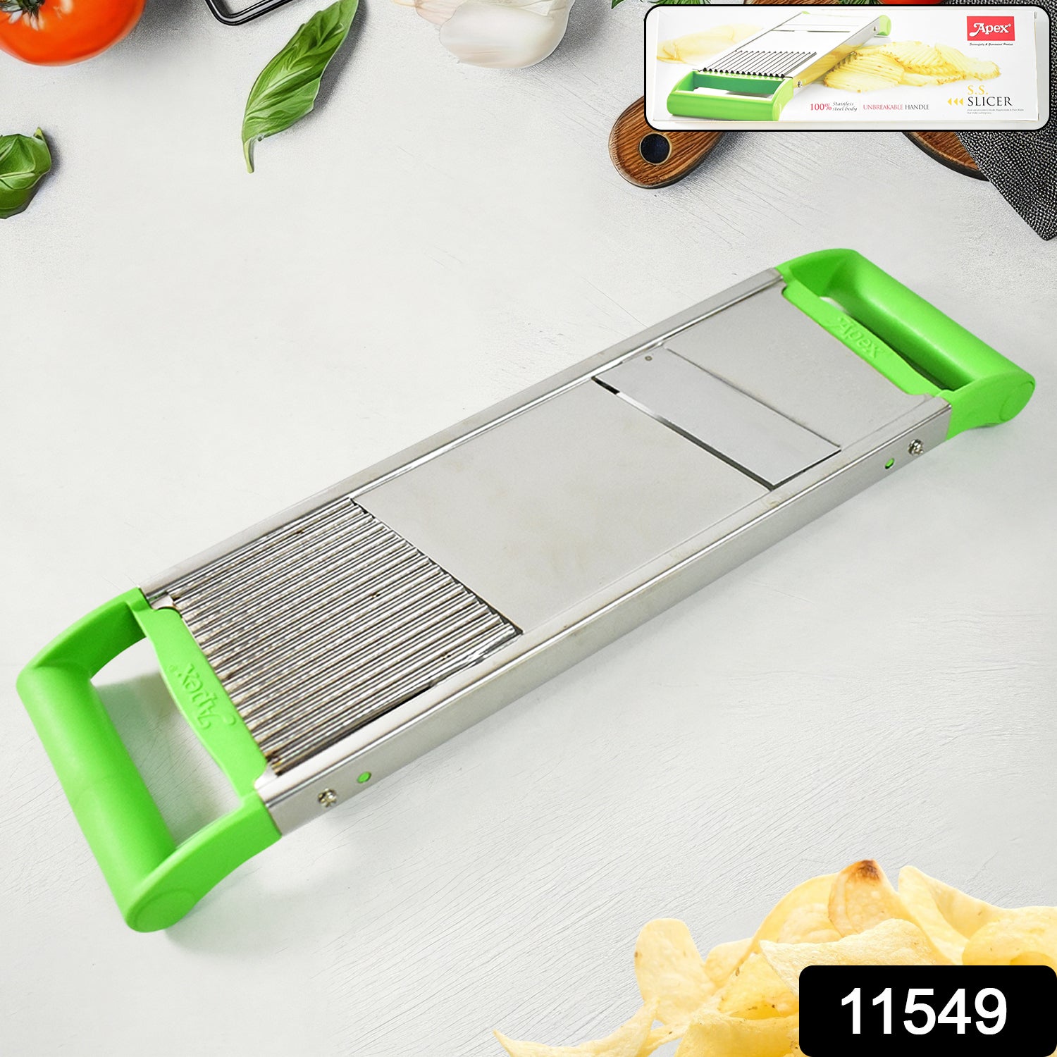 Wukusy Apex stainless steel 2-in-1 vegetable slicer for home and kitchen use, featuring multiple blade options for slicing and julienning.