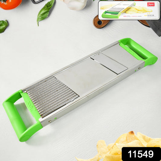 Wukusy Apex stainless steel 2-in-1 vegetable slicer for home and kitchen use, featuring multiple blade options for slicing and julienning.