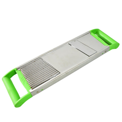 Wukusy Apex stainless steel 2-in-1 vegetable slicer with multiple blades for slicing and julienning in a home kitchen setting.
