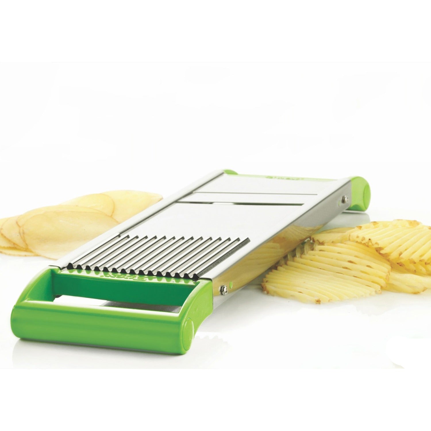 Wukusy Apex stainless steel 2-in-1 vegetable slicer for home kitchen use, featuring multiple blades and a compact design.