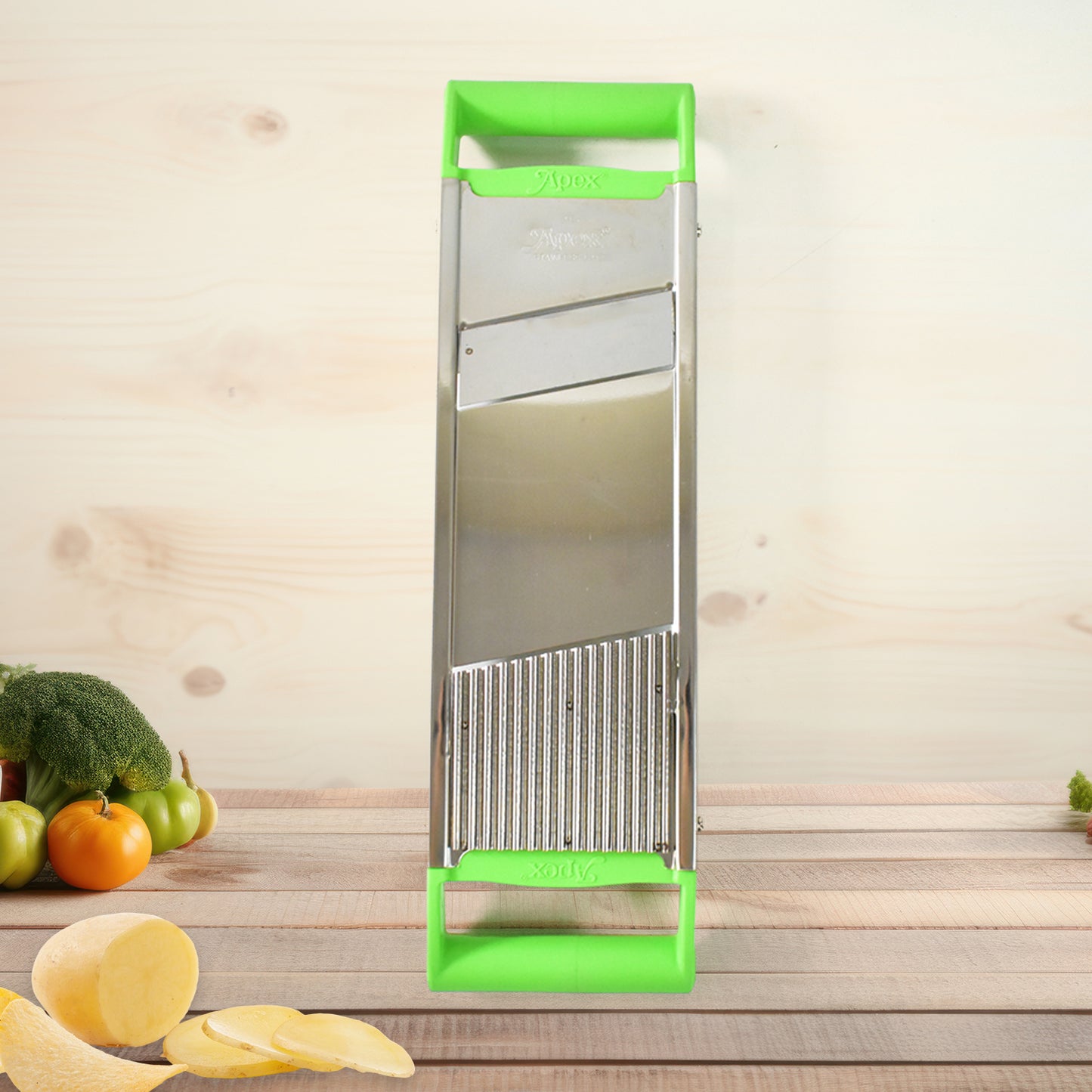 Wukusy Apex stainless steel 2-in-1 vegetable slicer for home and kitchen use, featuring multiple slicing and julienne options.