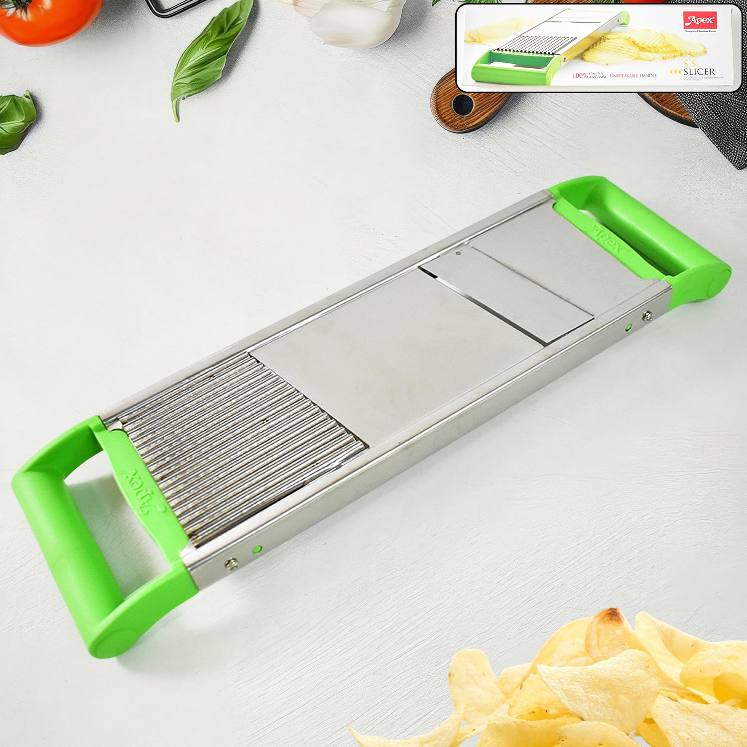 Wukusy Apex stainless steel 2-in-1 vegetable slicer for home and kitchen use, featuring multiple blade options for slicing and dicing vegetables.