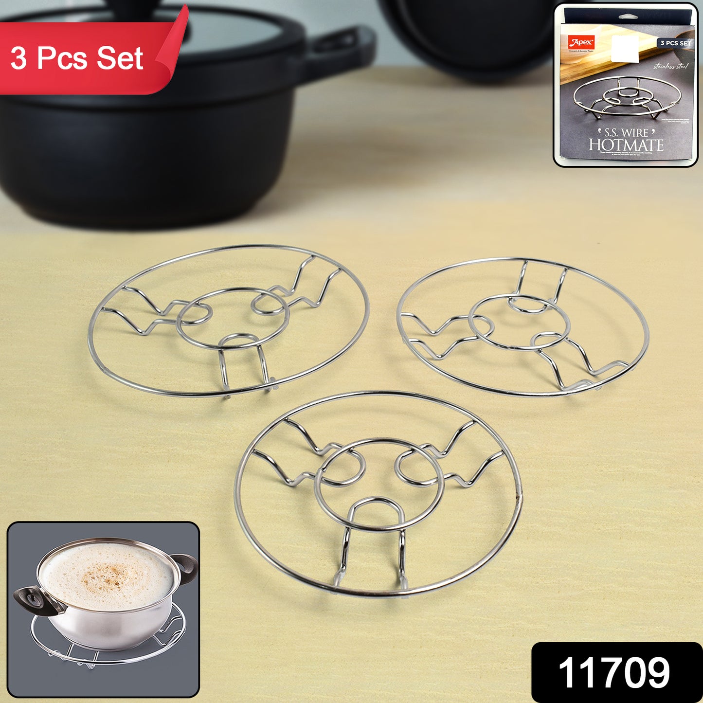 Set of three Wukusy Apex stainless steel wire hotmate trivets for protecting surfaces from hot cookware in the kitchen.