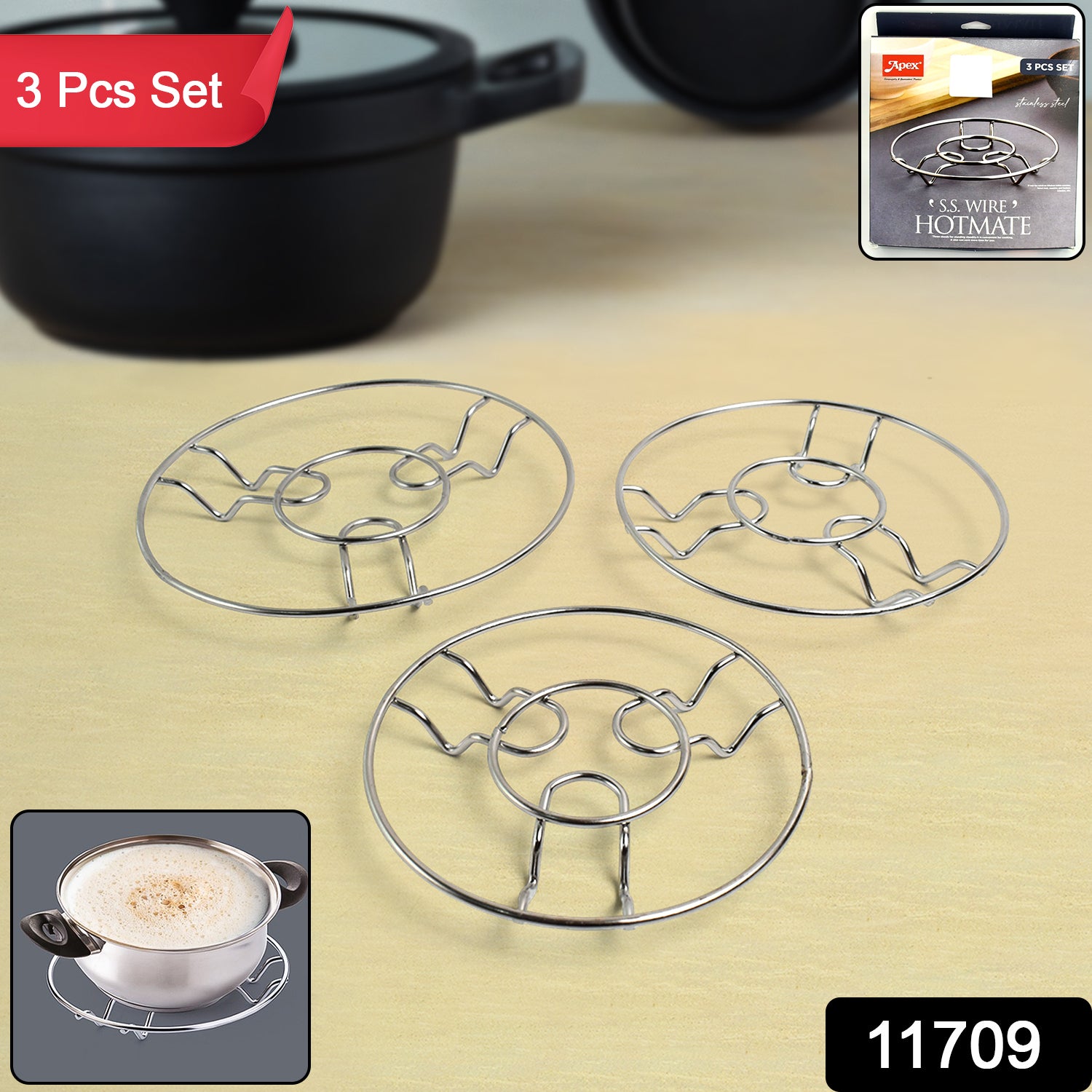 Set of three Wukusy Apex stainless steel wire hotmate trivets for protecting surfaces from hot cookware in the kitchen.