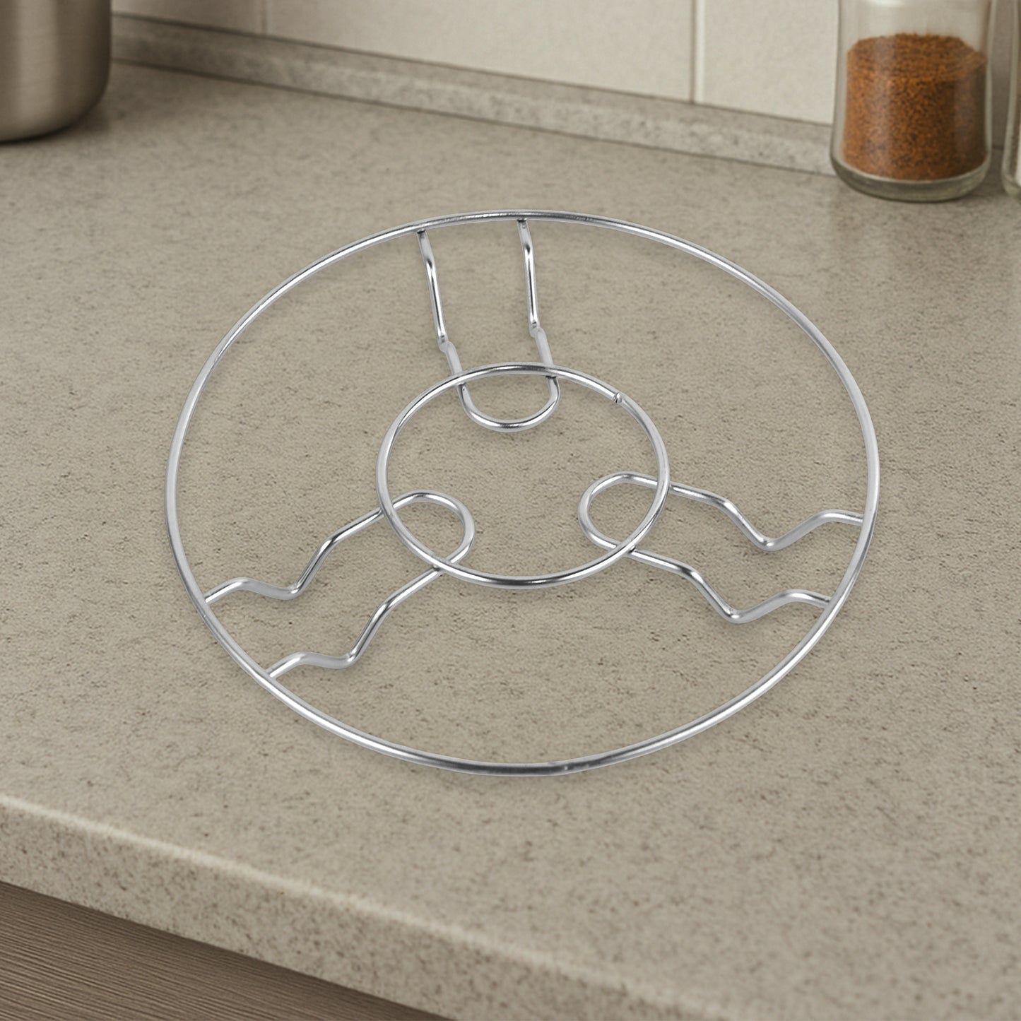 Set of 3 Wukusy Apex stainless steel wire trivets for hot pots and pans, kitchen countertop protection and heat resistance.