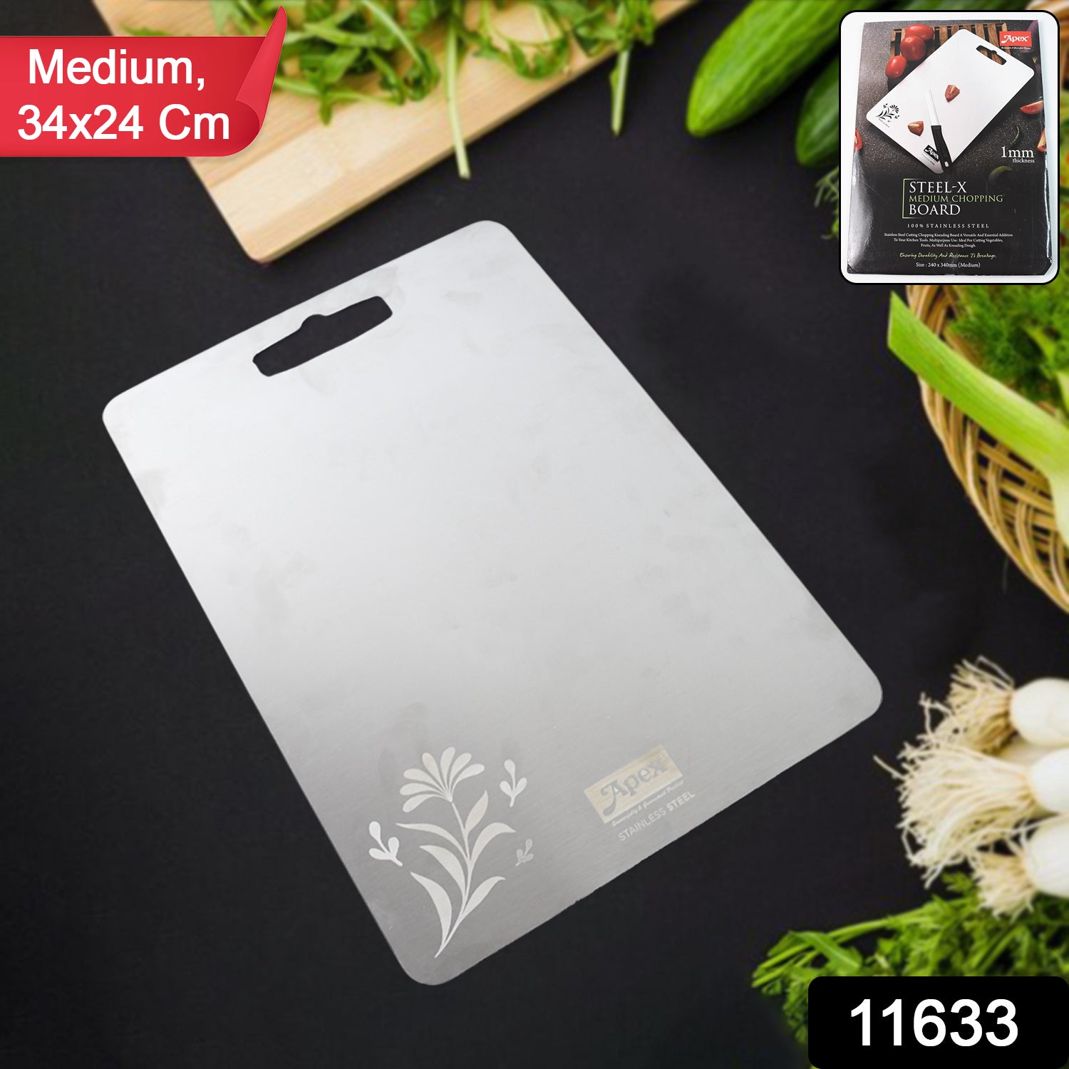 Wukusy Apex Steel-x stainless steel medium chopping board for home and kitchen use, durable and easy to clean.