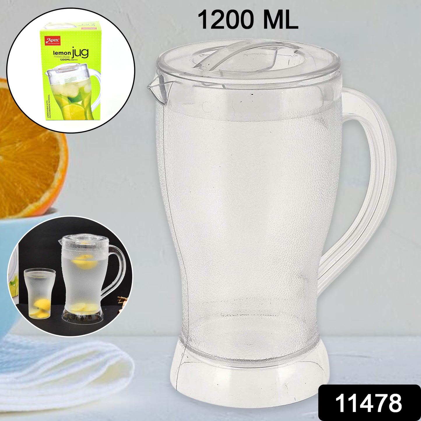 Wukusy Apex Unbreakable Lemon Jug, 1200ml, durable plastic kitchen jug for fresh lemon juice or beverages.