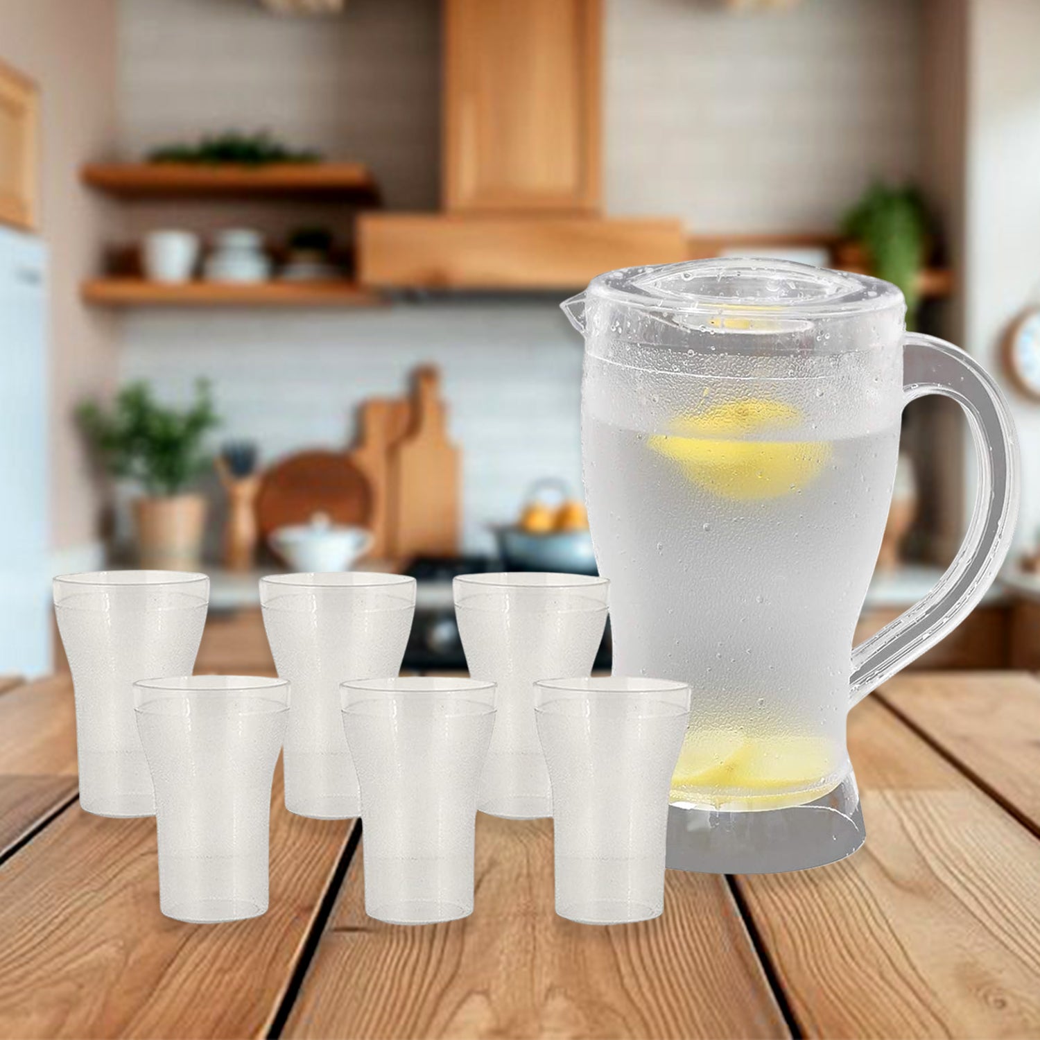 Wukusy Apex unbreakable lemon jug set with six 300ml glasses and 1200ml jug for home and kitchen use.