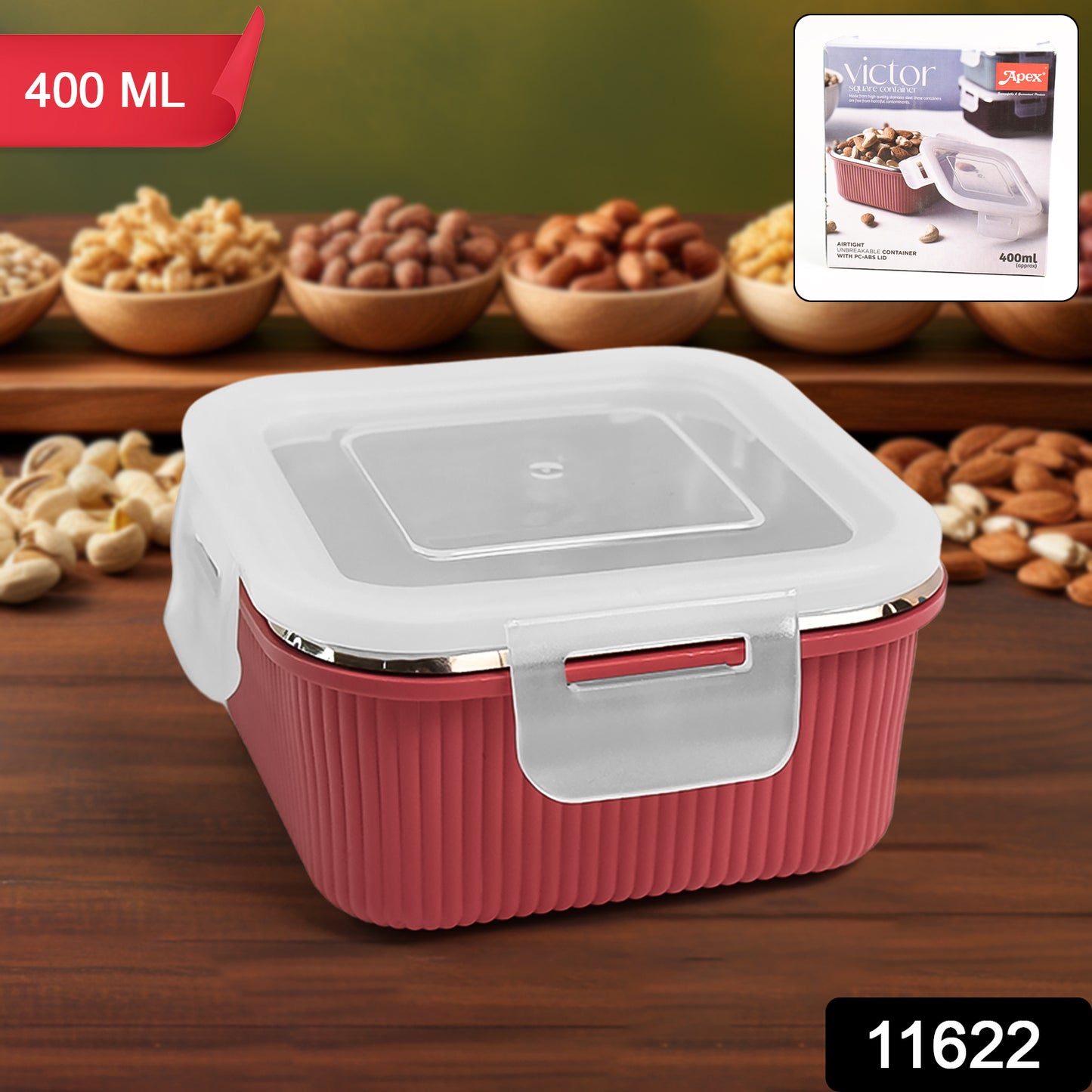 Wukusy Apex Victor square food storage container with 400 ml capacity, made of clear plastic for kitchen organization.