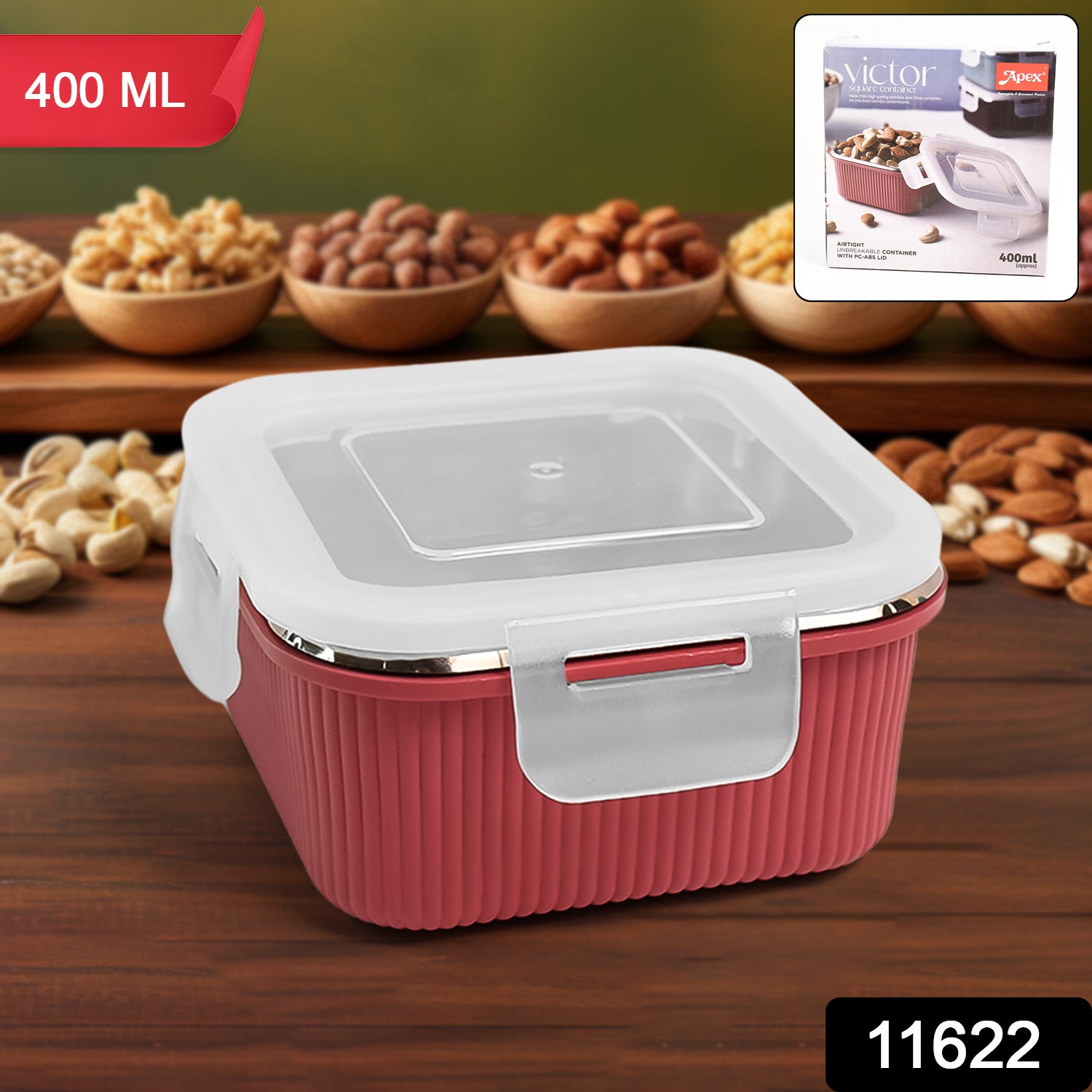 Wukusy Apex Victor square food storage container with 400 ml capacity, made of clear plastic for kitchen organization.