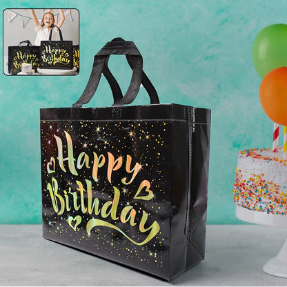 Wukusy reusable birthday gift bag with gold shiny stars, perfect for party favors and gift presentation.