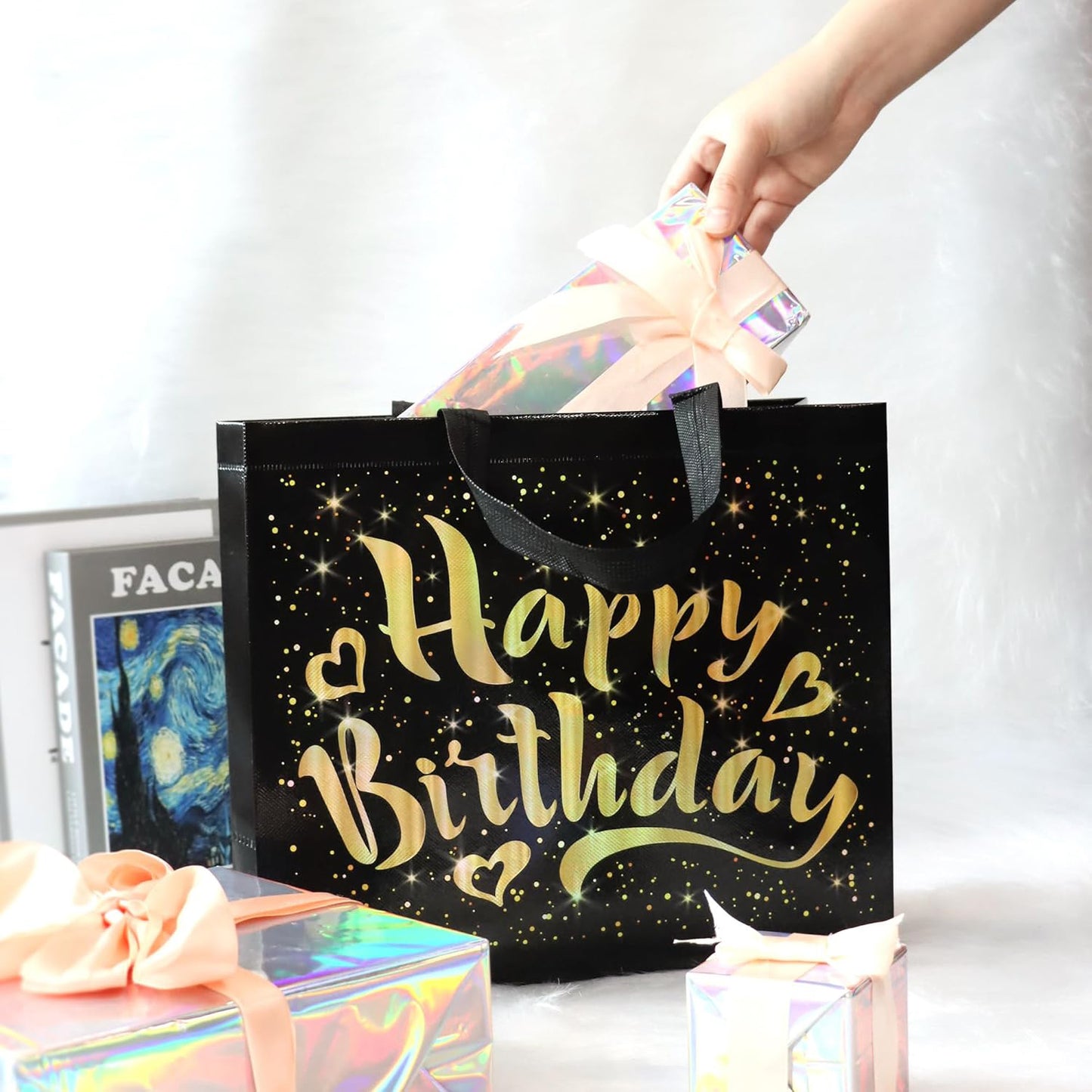 Wukusy birthday gift bag with gold shiny stars, reusable party gift bag for home and kitchen use, 1 piece.