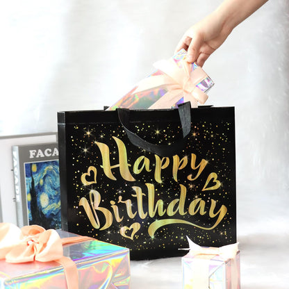 Wukusy birthday gift bag with gold shiny stars, reusable party gift bag for home and kitchen use, 1 piece.