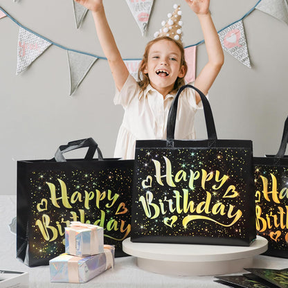 Wukusy birthday gift bag with gold shiny star patterns, reusable paper bag for party favors and gifts, home and kitchen use.