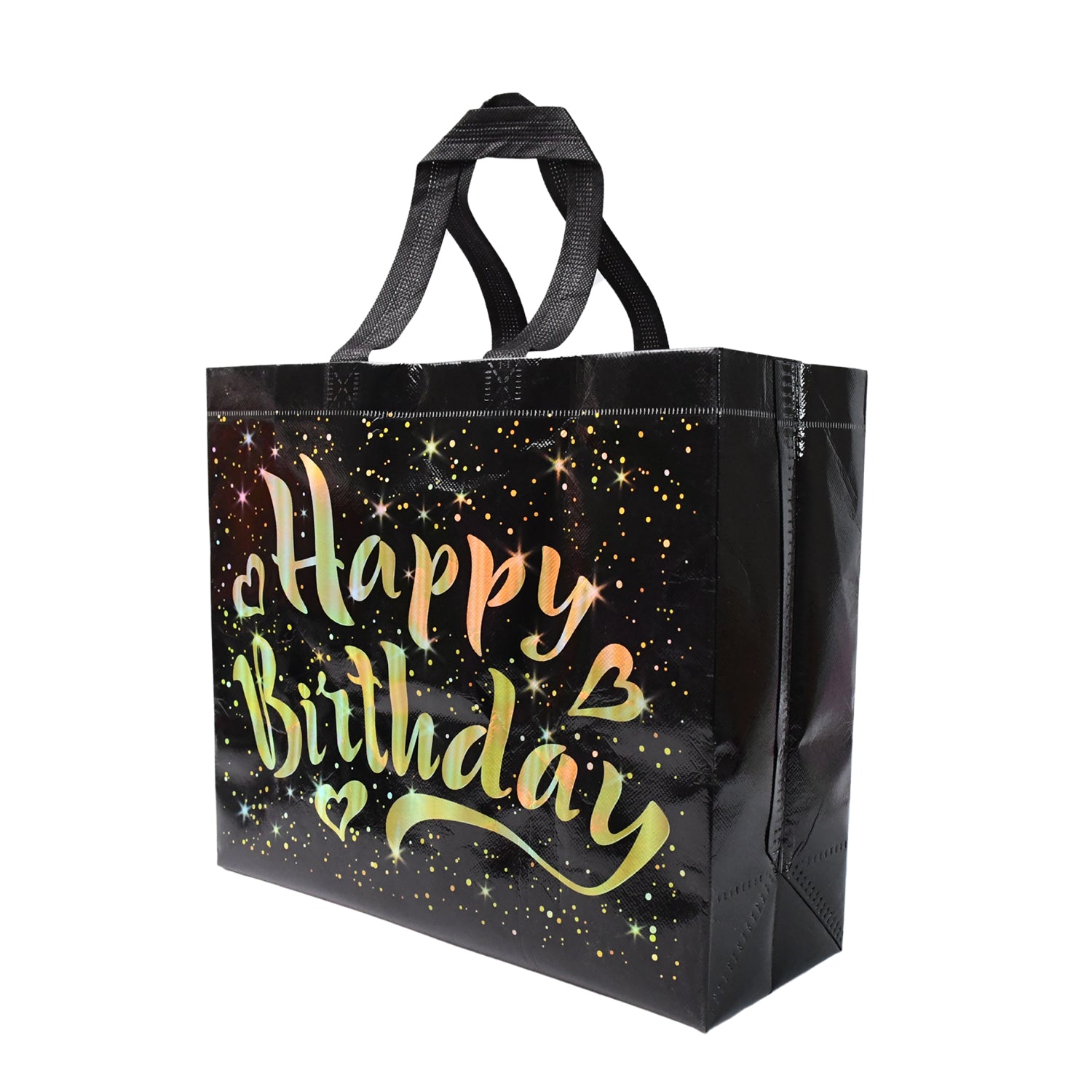 Wukusy birthday gift bag with gold shiny stars, reusable paper bag for party gifts, decorated with star patterns, perfect for celebrations