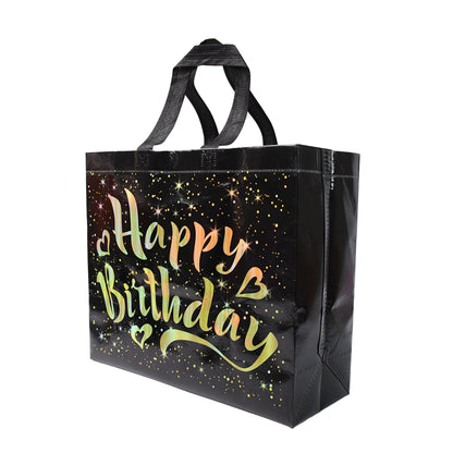 Wukusy birthday gift bag with gold shiny stars, reusable paper bag for party gifts, decorated with star patterns, perfect for celebrations