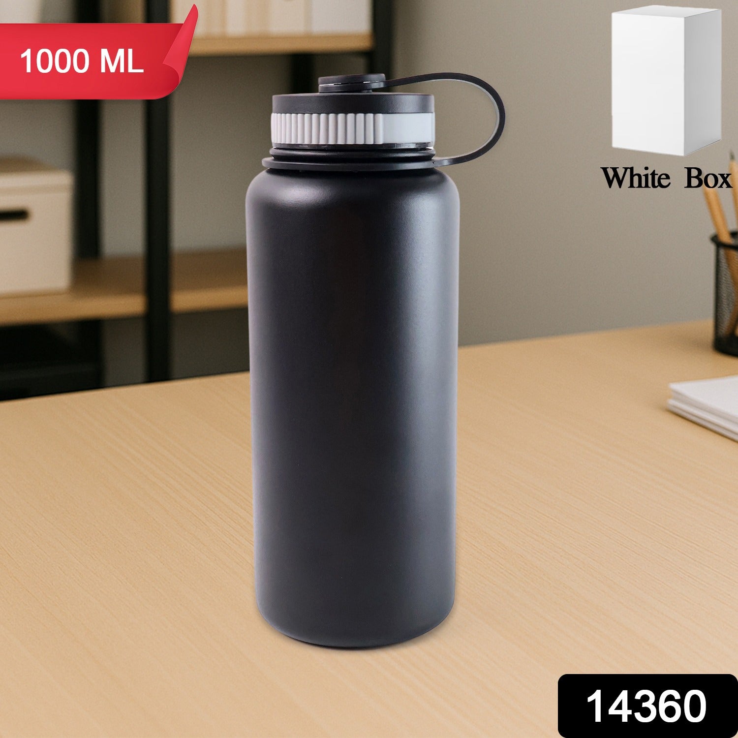 Black stainless steel Wukusy double wall vacuum-insulated 1000ml water bottle for home and kitchen use.