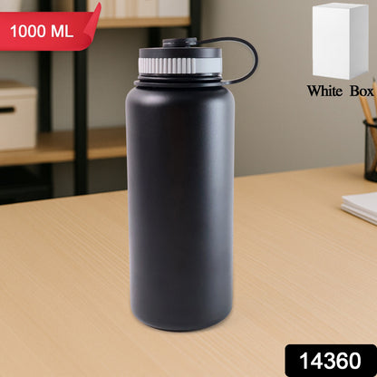 Black stainless steel Wukusy double wall vacuum-insulated 1000ml water bottle for home and kitchen use.