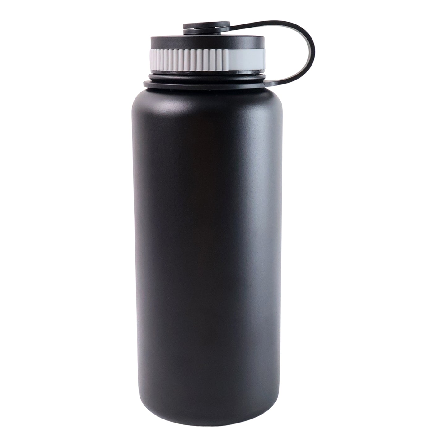 Black stainless steel Wukusy double wall vacuum-insulated water bottle, 1000 ml, for keeping drinks hot or cold.