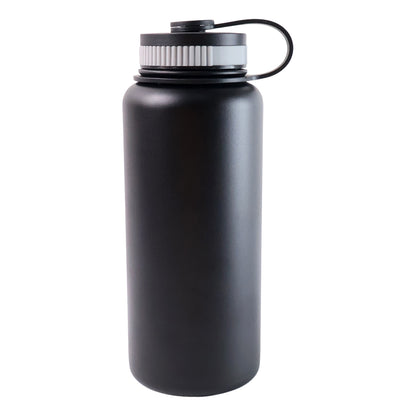 Black stainless steel Wukusy double wall vacuum-insulated water bottle, 1000 ml, for keeping drinks hot or cold.