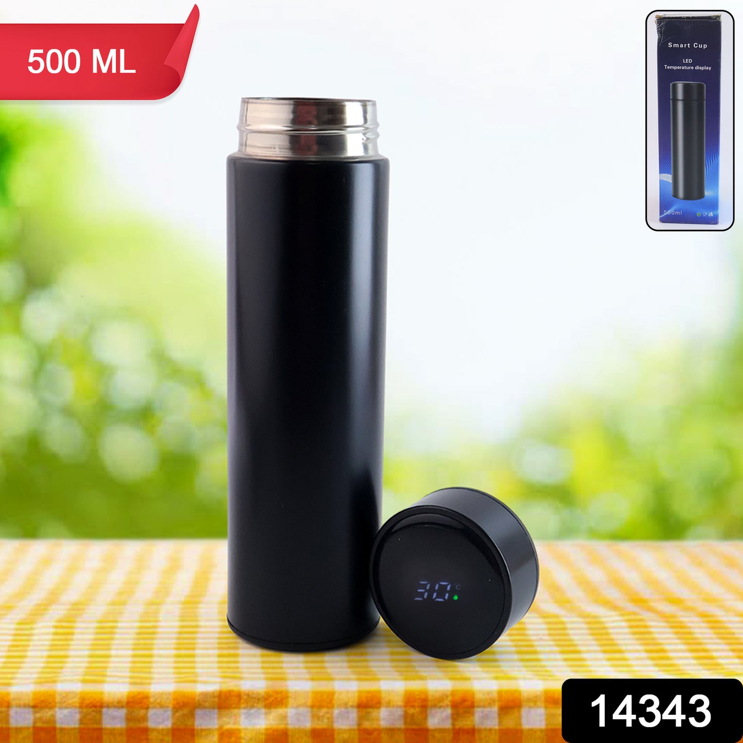 Black Wukusy vacuum insulated water bottle, 500ml stainless steel bottle for hot and cold beverages in a home and kitchen setting.