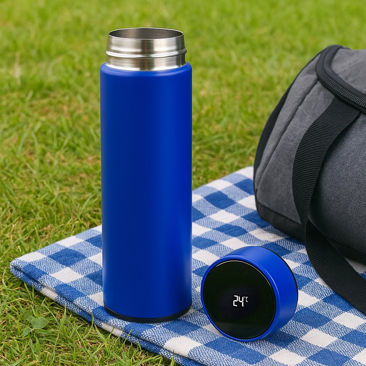 Blue Wukusy vacuum insulated water bottle, 500ml, with a sleek design for keeping beverages hot or cold.
