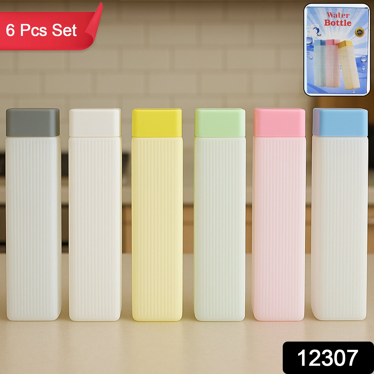 Six BPA plastic leakproof hydration water bottles by Wukusy, designed for home and kitchen use, displayed in a set.