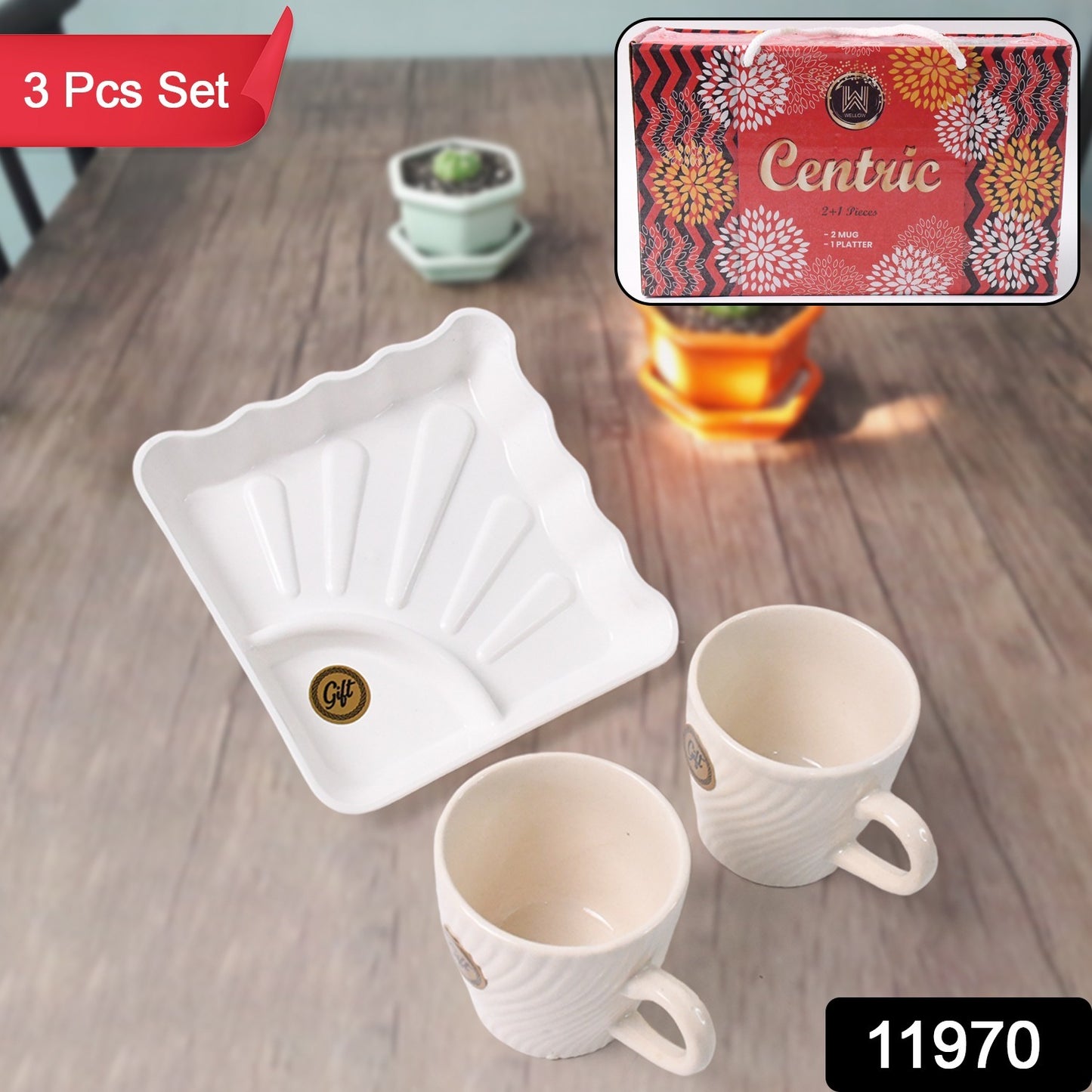 Set of three Wukusy Cerntric ceramic tea cups with matching plastic square serving platters, perfect for tea and milk serving.