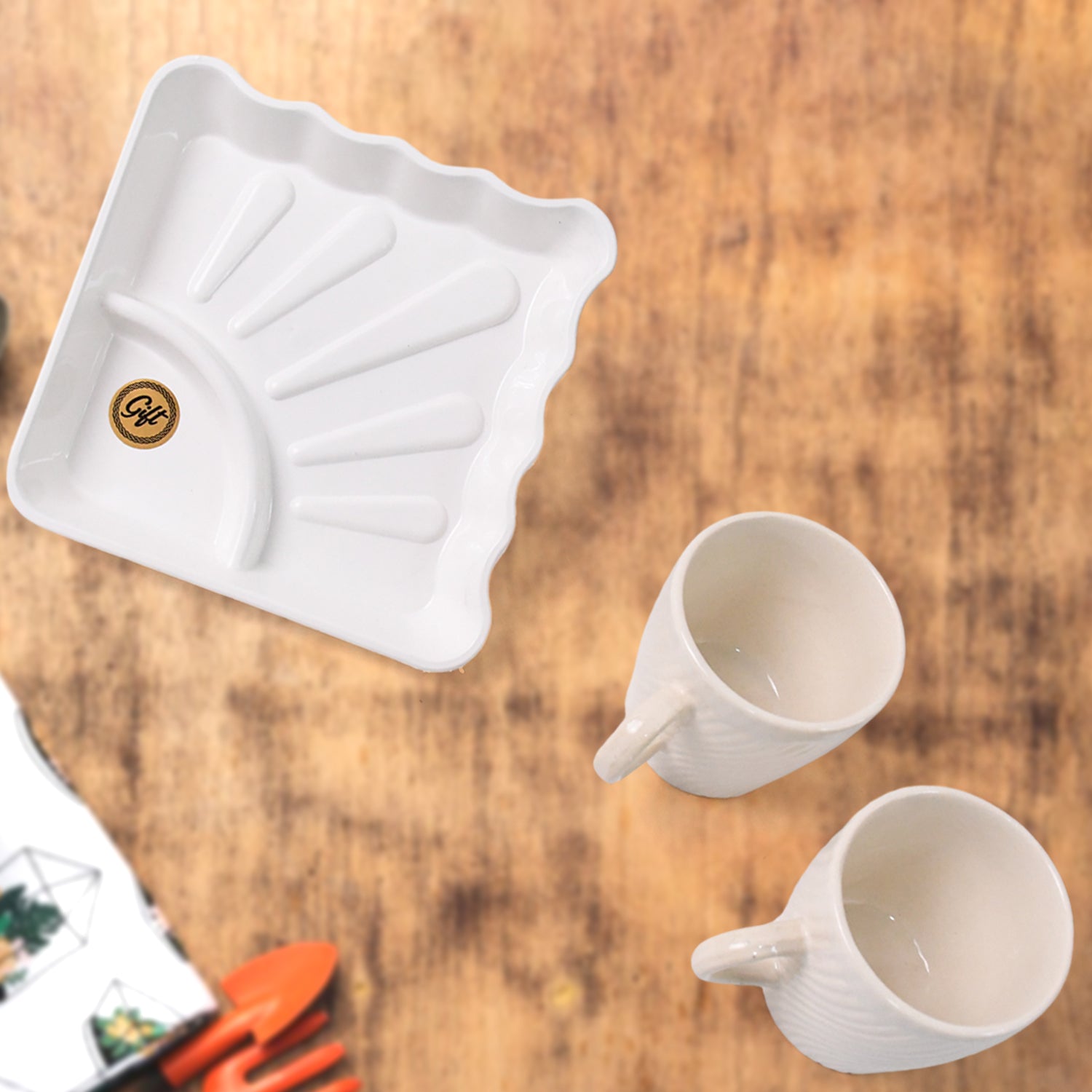 Wukusy Cerntric ceramic tea cups with matching plastic square serving platter and milk cups, 3-piece home and kitchen set.