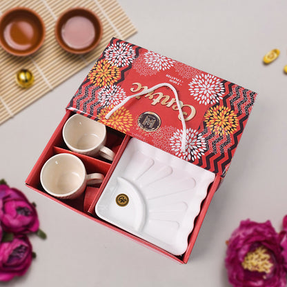 Wukusy ceramic tea cup with plastic square serving platter, milk cup, and 3-piece set for home and kitchen use.