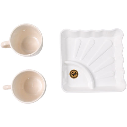 Set of three Wukusy ceramic tea cups with plastic square-shaped serving platters for serving milk and beverages in a home & kitchen setting.