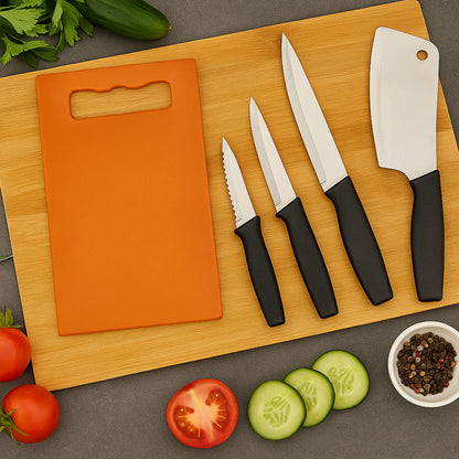 Set of five Wukusy chopping boards with knives, including various sizes, ideal for kitchen prep and food chopping tasks.