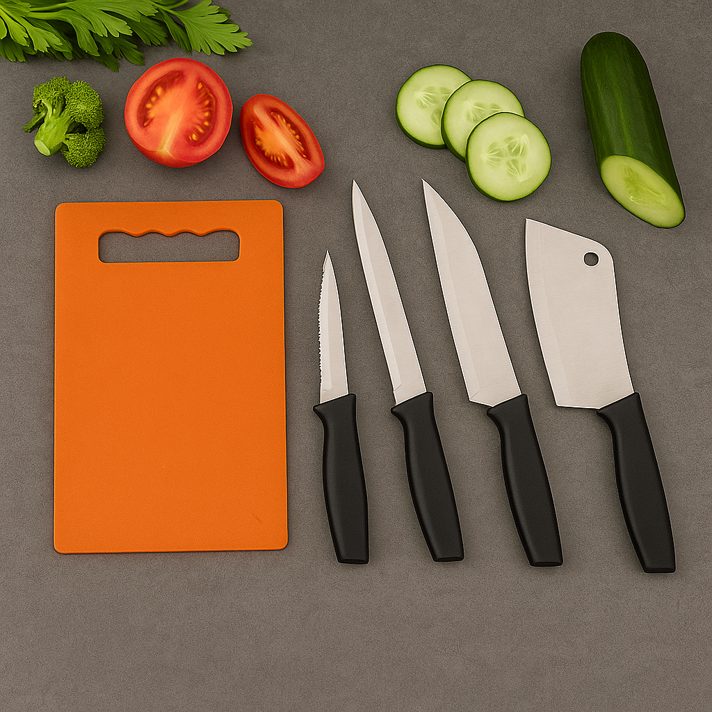Set of five Wukusy chopping boards with knives for kitchen prep, shown stacked and ready for use in a home kitchen setting.