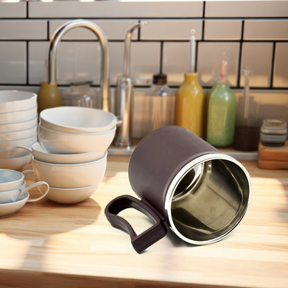 Wukusy stainless steel coffee mug with lid and handle, plastic-covered, in random color, approximately 200ml capacity for home use.