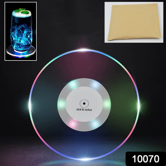 Colorful LED cocktail coaster by Wukusy, round, ultra-thin drink coaster with vibrant light display, perfect for home bar or party use.