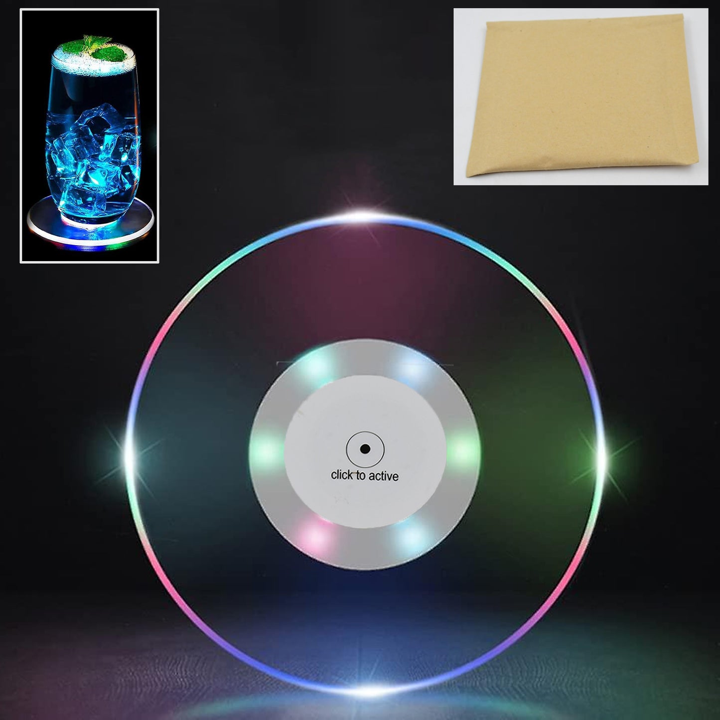 Colorful LED cocktail coaster by Wukusy, round and ultra-thin, glowing drink coaster for home and kitchen use.