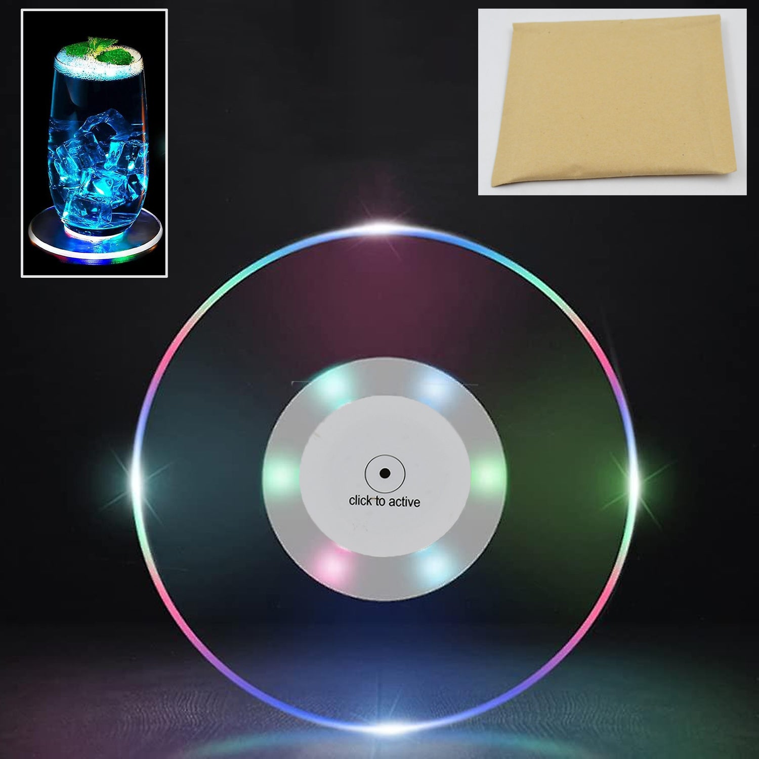 Colorful LED cocktail coaster by Wukusy, round and ultra-thin, glowing drink coaster for home and kitchen use.