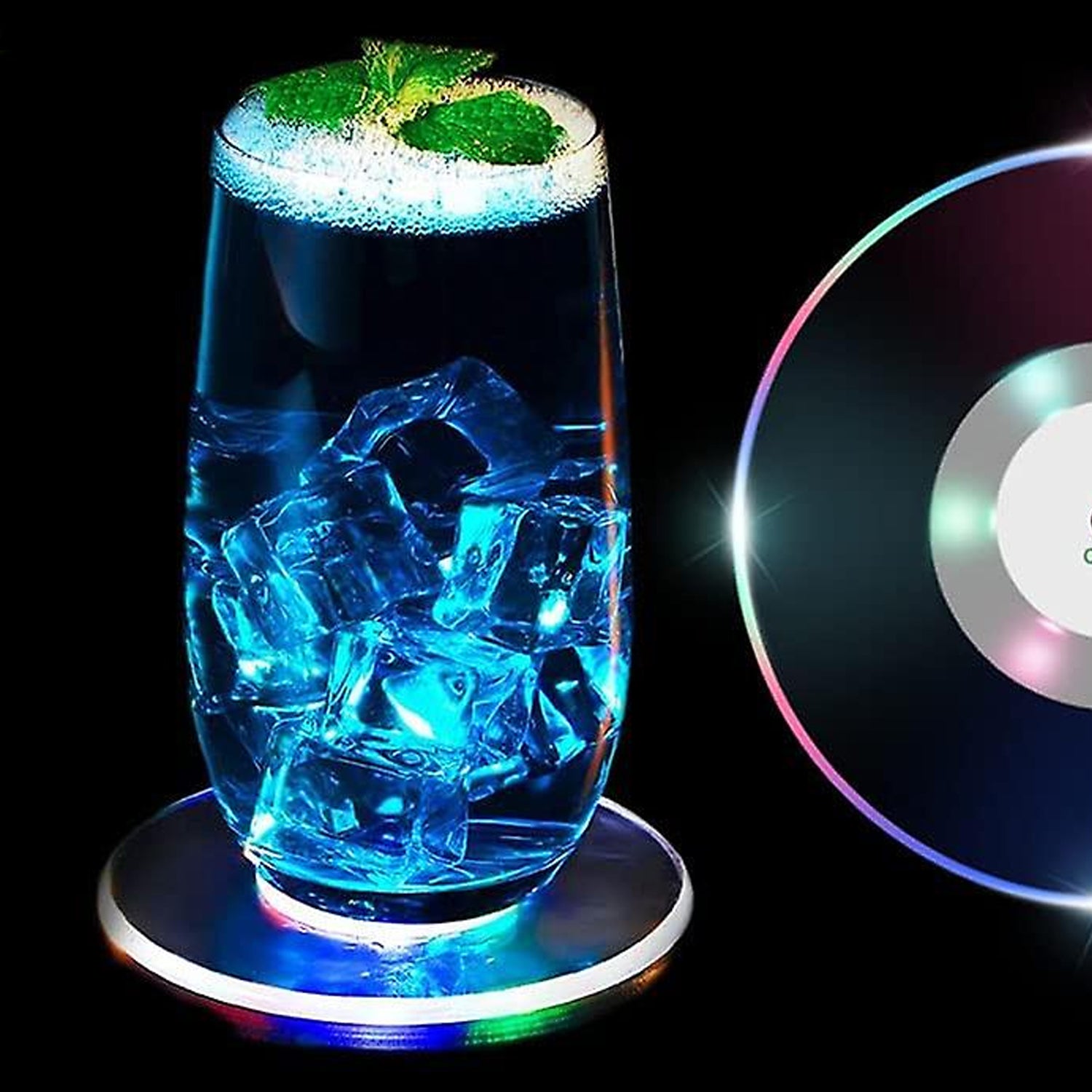 Colorful LED round cocktail coaster from Wukusy, ultra-thin drink coaster with vibrant lighting for home and kitchen use.
