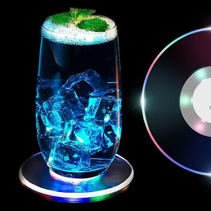 Colorful LED round cocktail coaster from Wukusy, ultra-thin drink coaster with vibrant lighting for home and kitchen use.