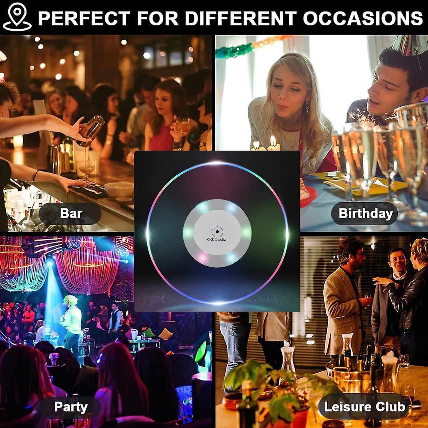 Colorful LED cocktail coaster by Wukusy, round and ultra-thin, glowing drink coaster for home and kitchen use.