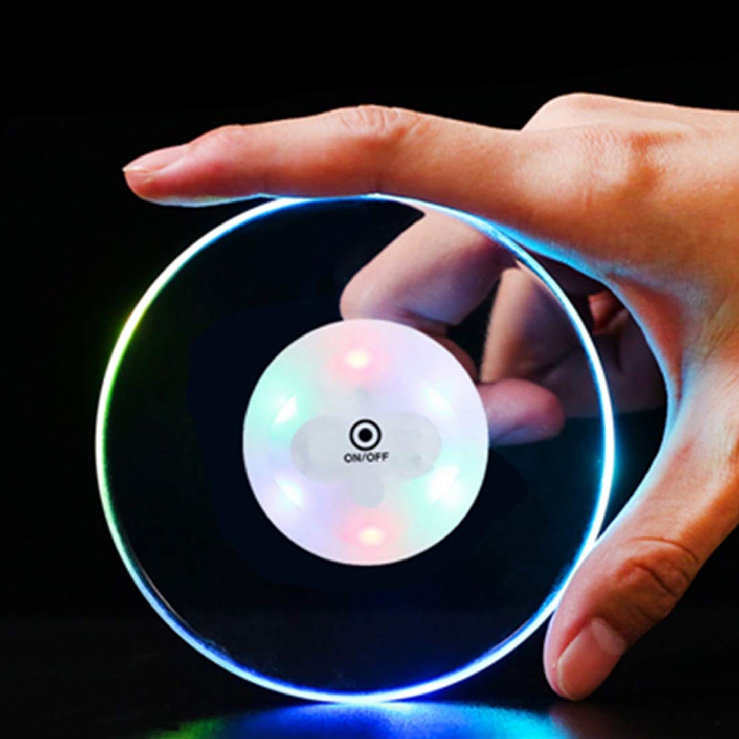 Colorful LED cocktail coaster from Wukusy, round and ultra-thin, illuminated drink coaster for home and kitchen use.