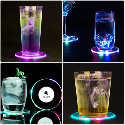 Colorful LED round cocktail coaster by Wukusy, ultra-thin drink coaster with vibrant LED lighting for home and kitchen use.
